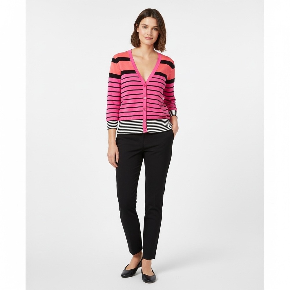 LOFT Petite Striped V-Neck Button Front Cardigan Coral Pink Black‎ White Size LP